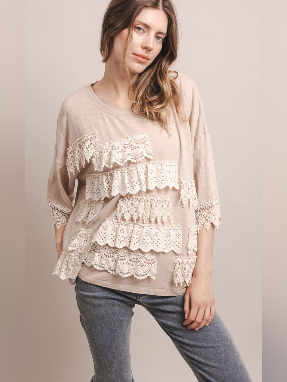 #1764 Blue Velvet Vintage Lace Harmony Top – Tan